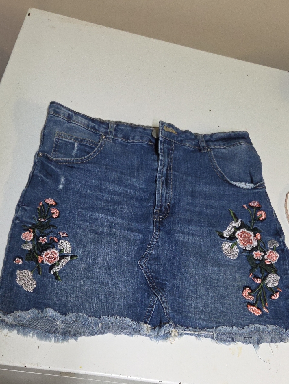 Streetwear Society Blue Denim Skirt with Pink & Green Embroidery Sz L